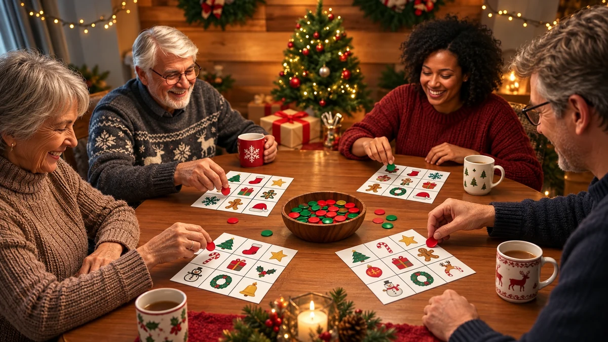 Family enjoying a homemade Christmas bingo game