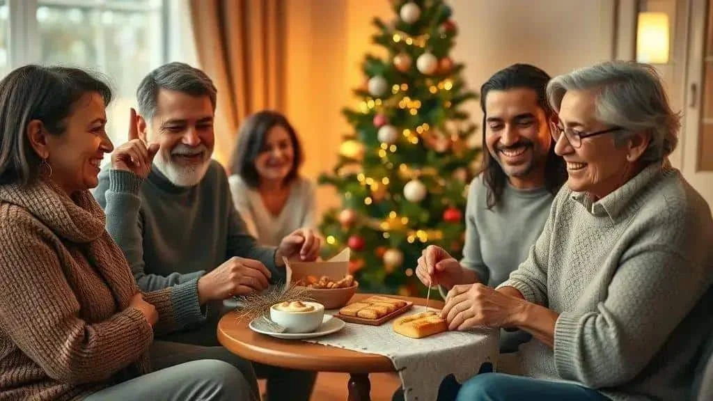 Family enjoying conversation and refreshments at Christmas