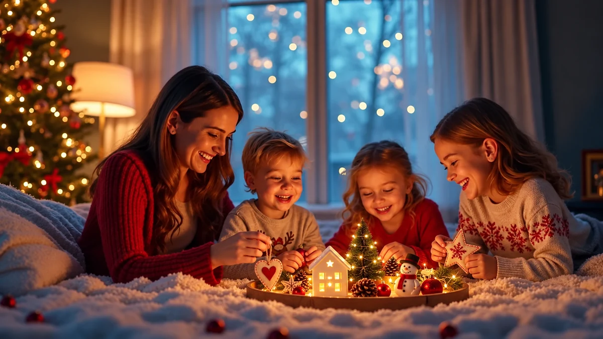 Family enjoying safe battery LED Christmas decorations