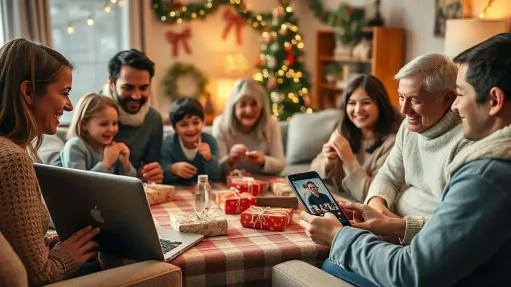 Family exchanging Christmas gifts with relatives on a video call
