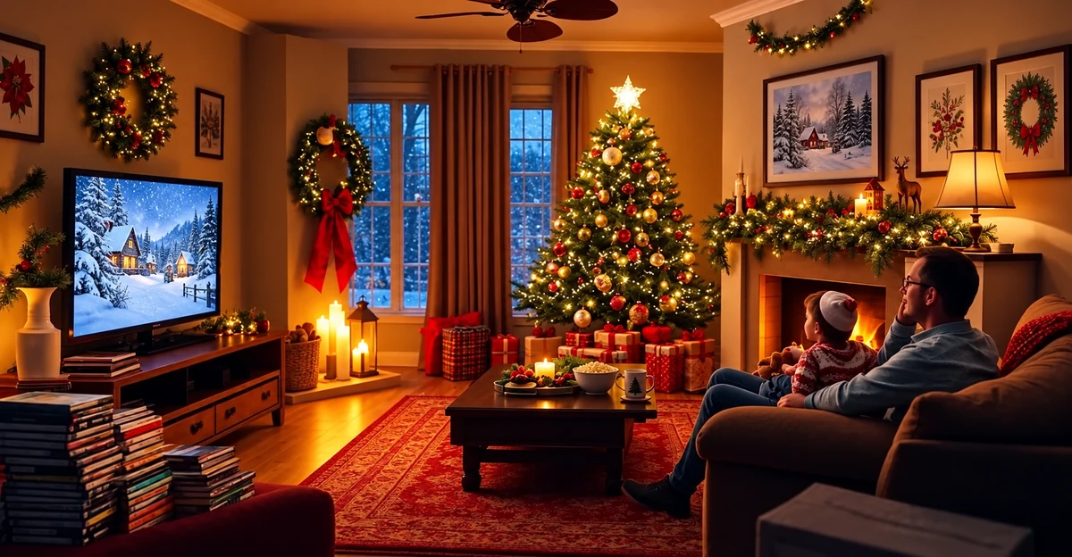 Family film evening in a cosy Christmas living room