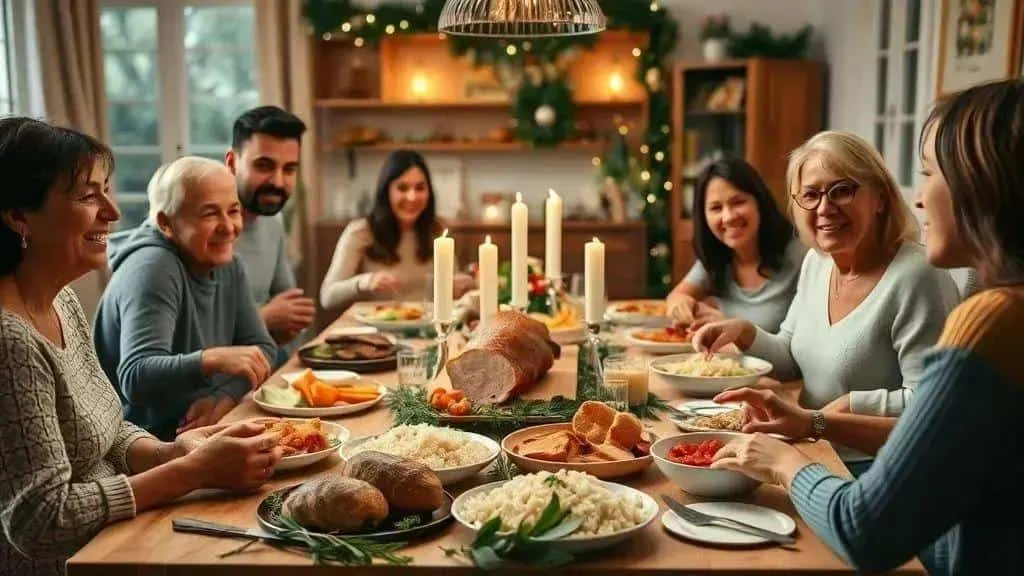 Family gathered around a Christmas dinner table