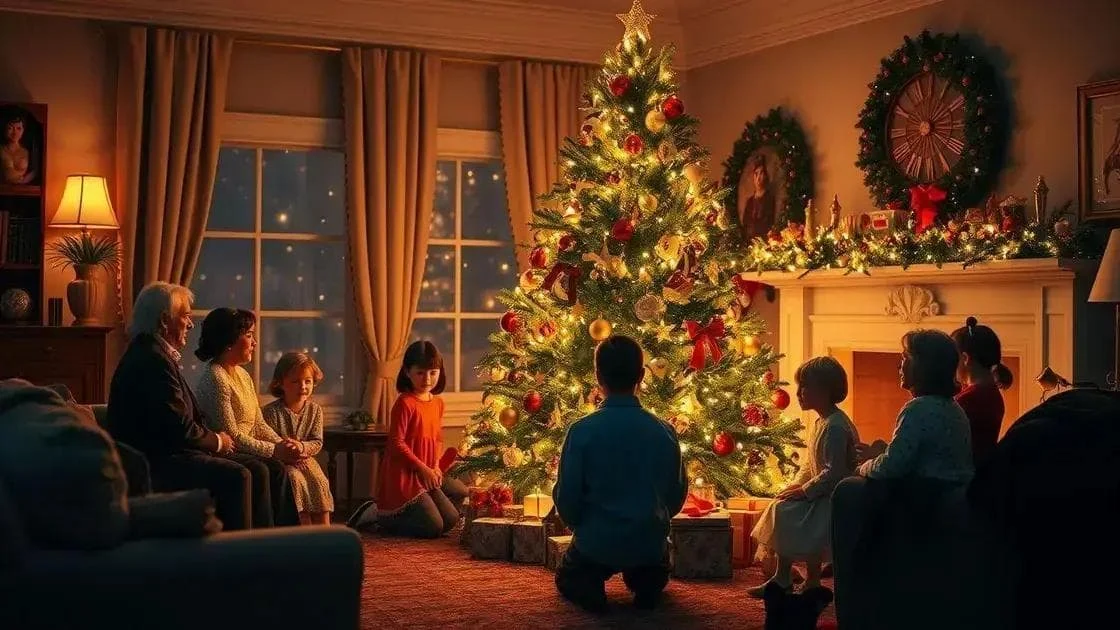 Family gathered around a decorated Christmas tree