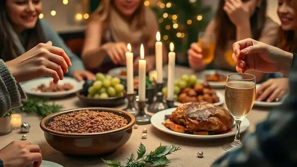 Family gathered around a New Year meal