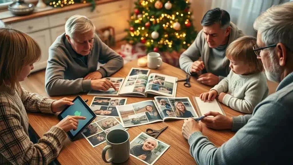 Family gathered around Christmas photographs and an album Family gathered around Christmas photographs and an album