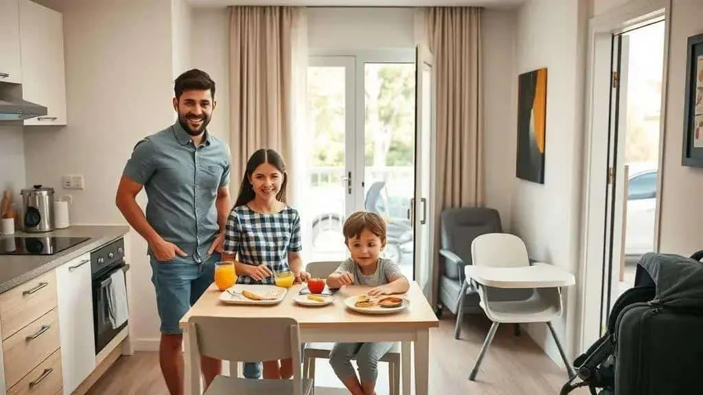Family having breakfast in an apartment with a kitchen