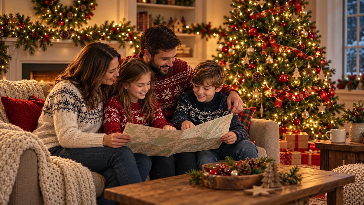 Family looking at a map in a Christmas sitting room