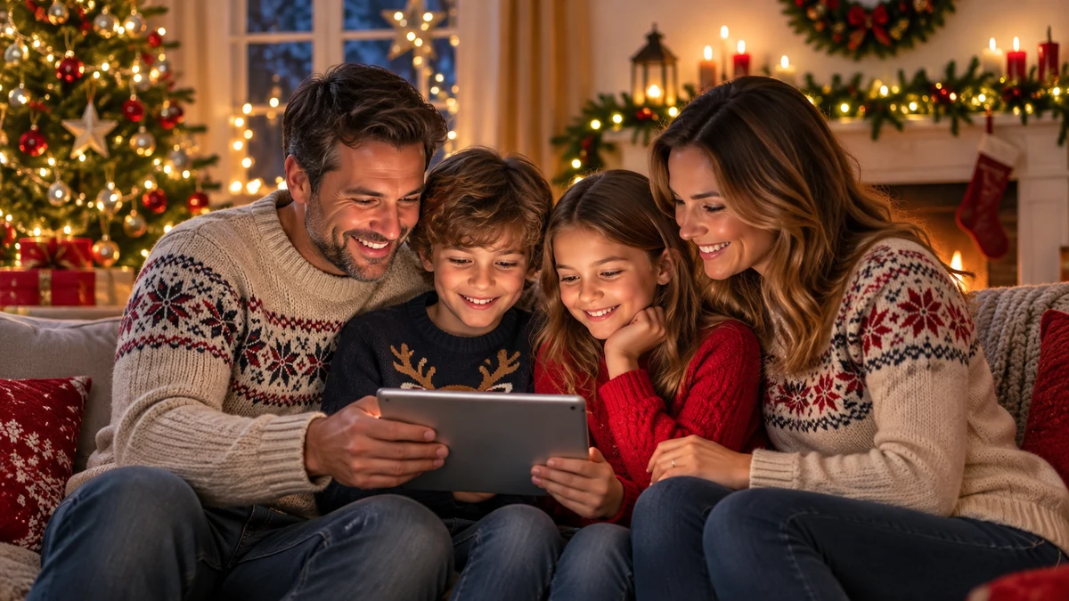 Family looking at a tablet together on a sofa