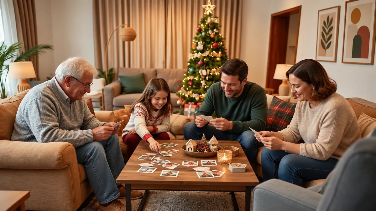 Family looking at photographs during a Christmas gathering