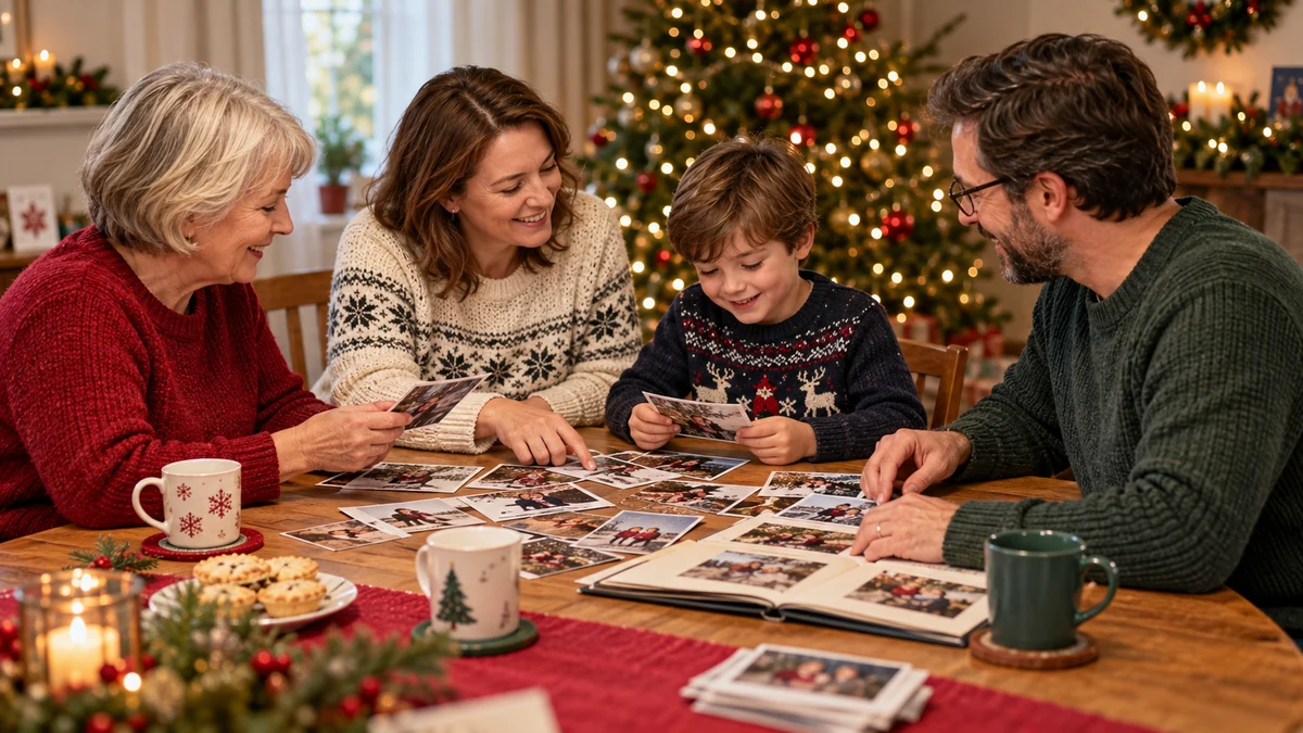 Family looking at printed Christmas photographs