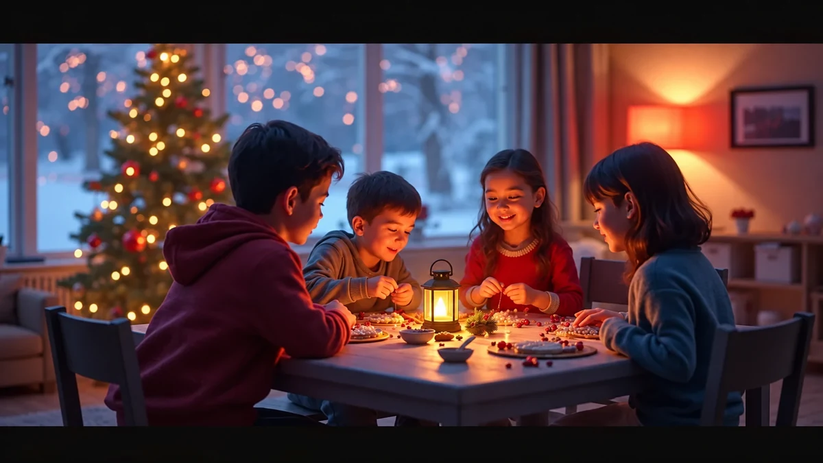 Family making Christmas crafts with a battery lantern