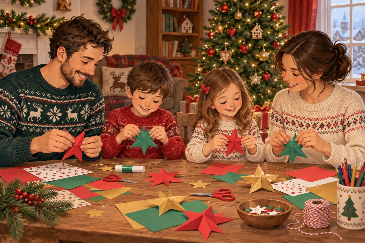 Family making paper star decorations together