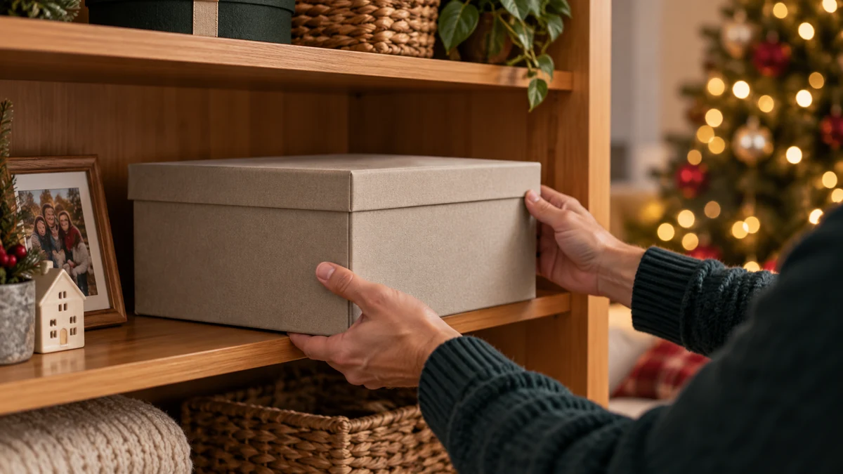 Family memory box being placed in a dry indoor cupboard