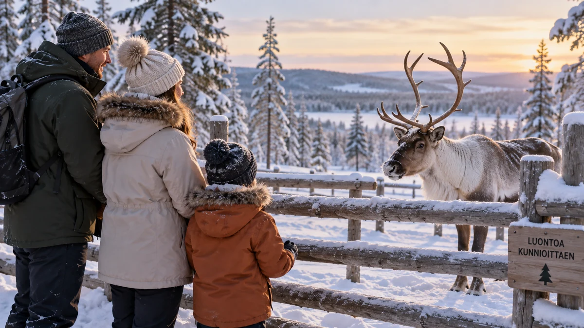 Family observing a reindeer from behind a fence