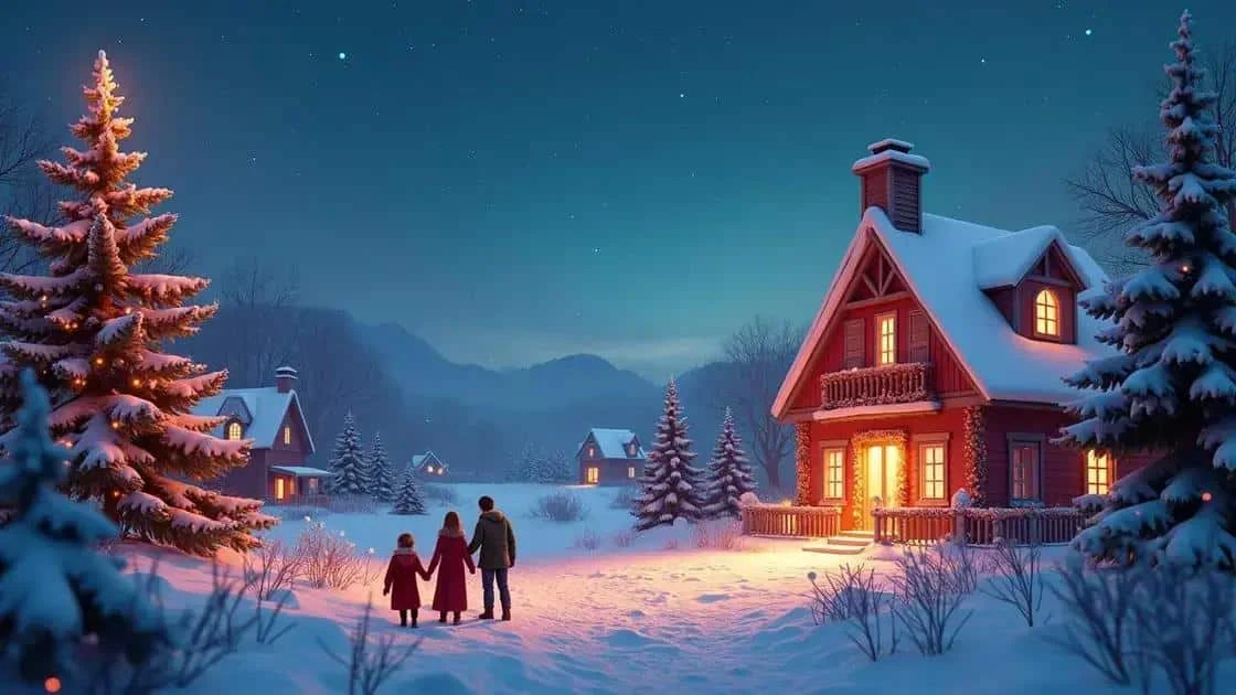 Family outside a decorated home