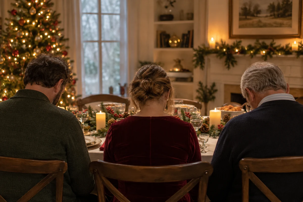 Family pausing together before Christmas dinner