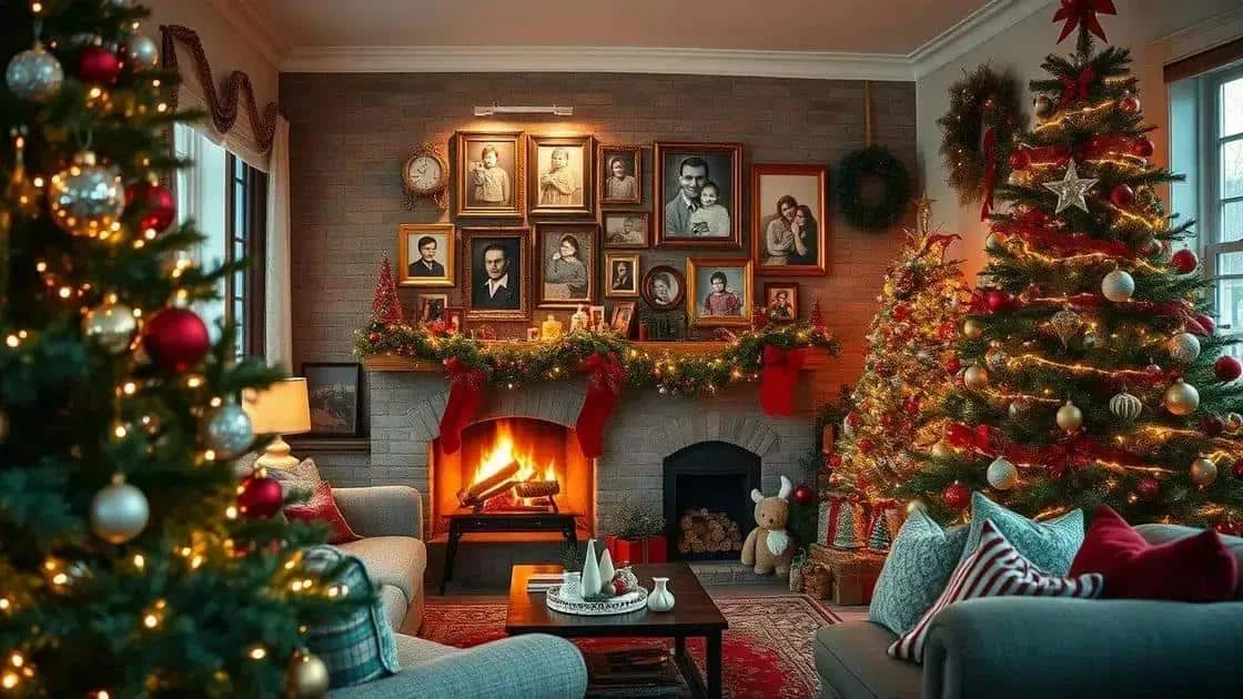 Family photographs displayed above a Christmas mantel Family photographs displayed above a Christmas mantel