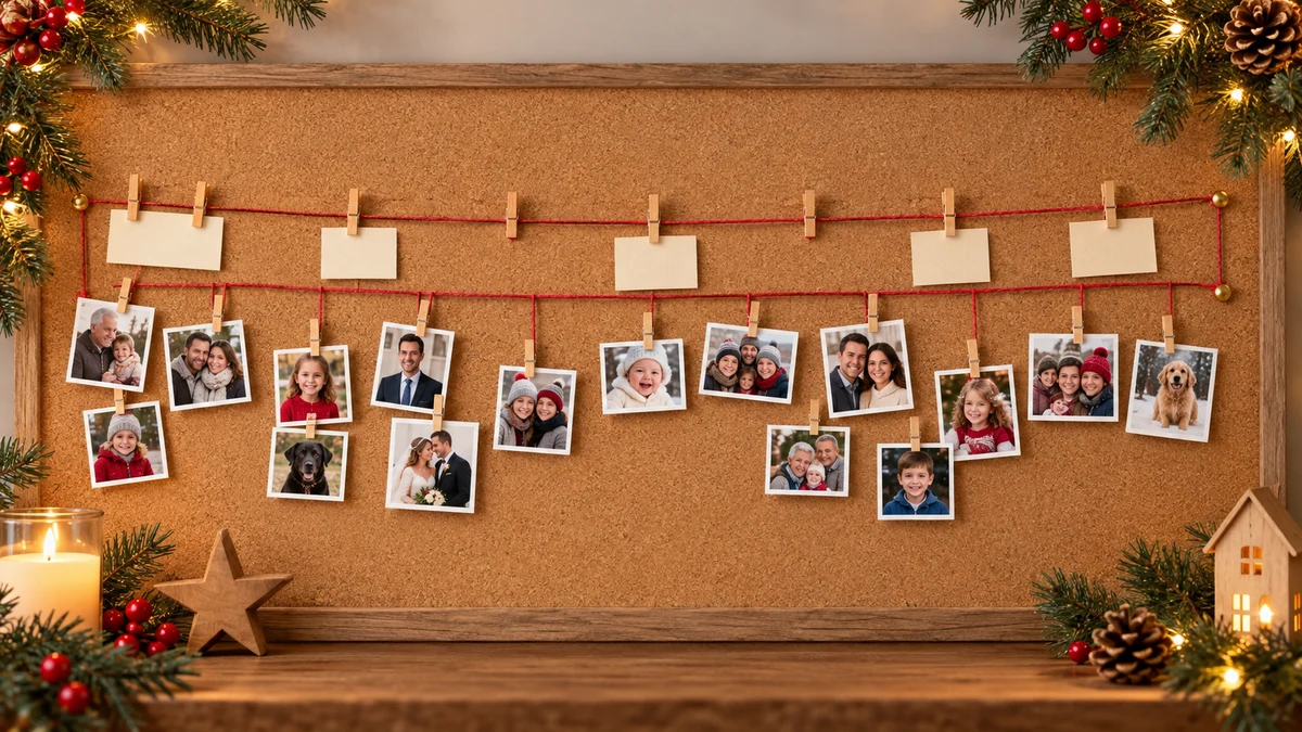 Family photographs hanging on a festive display board