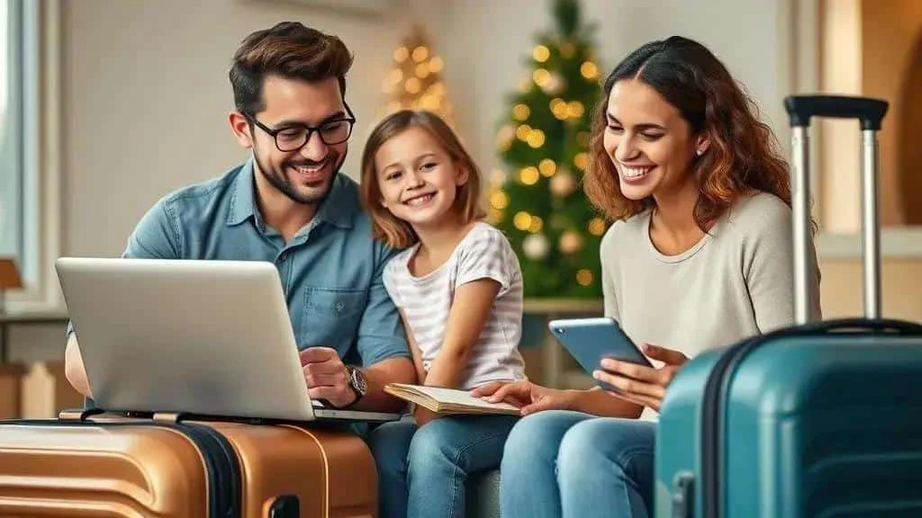 Family planning a Christmas holiday beside their luggage