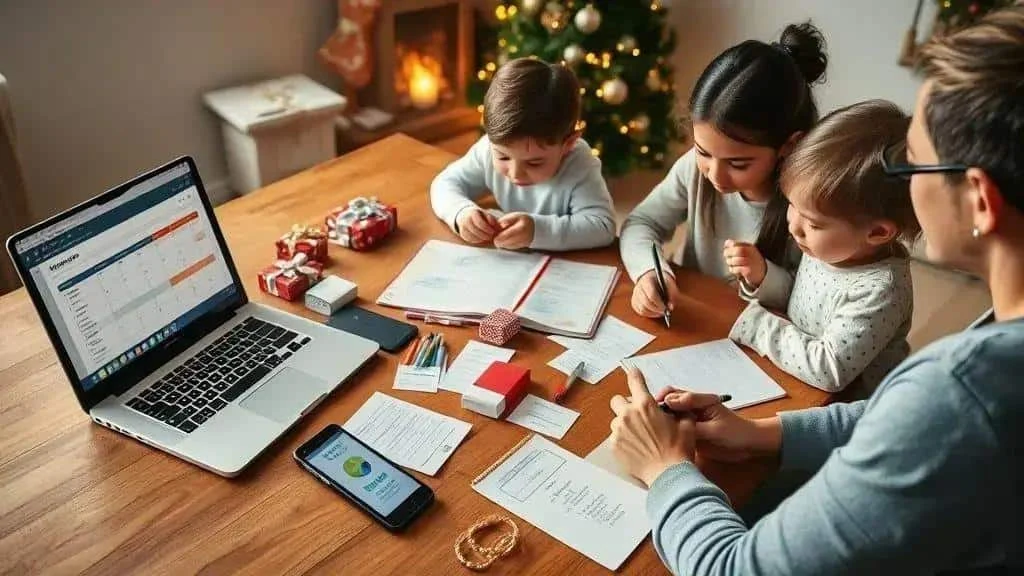 Family planning Christmas preparations together at a table Family planning Christmas preparations together at a table