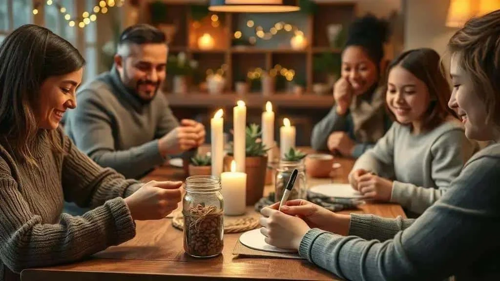 Family preparing a wishes jar