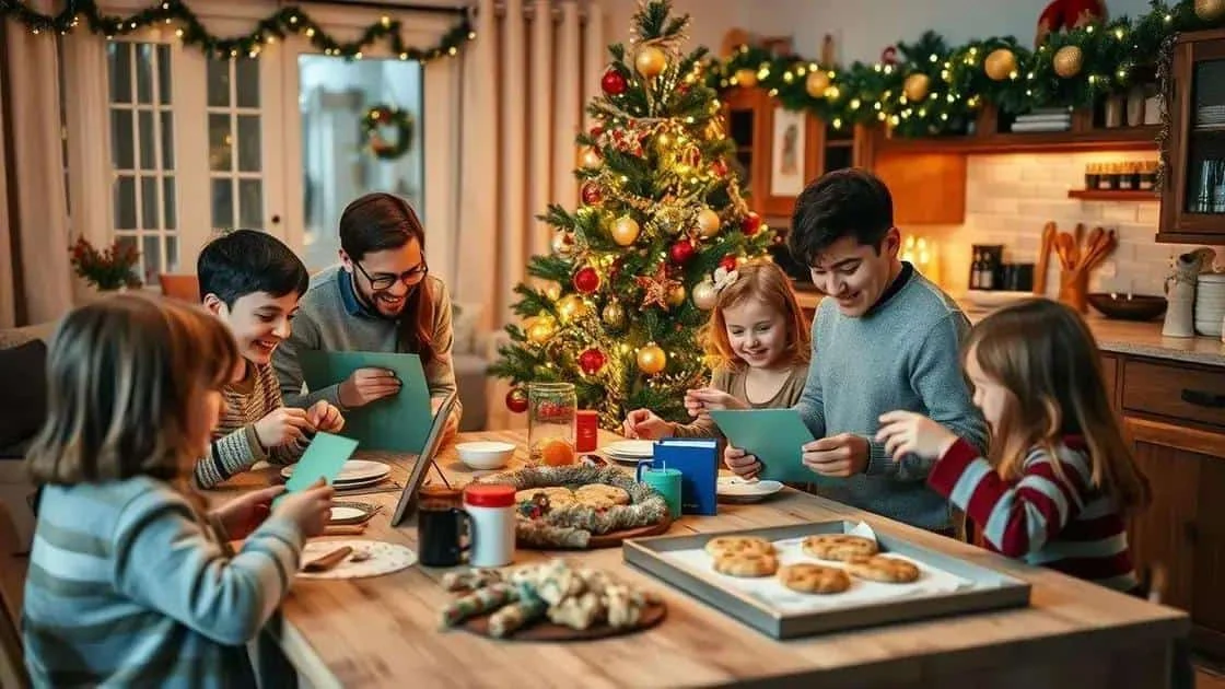 Family preparing cards and biscuits at a kitchen table