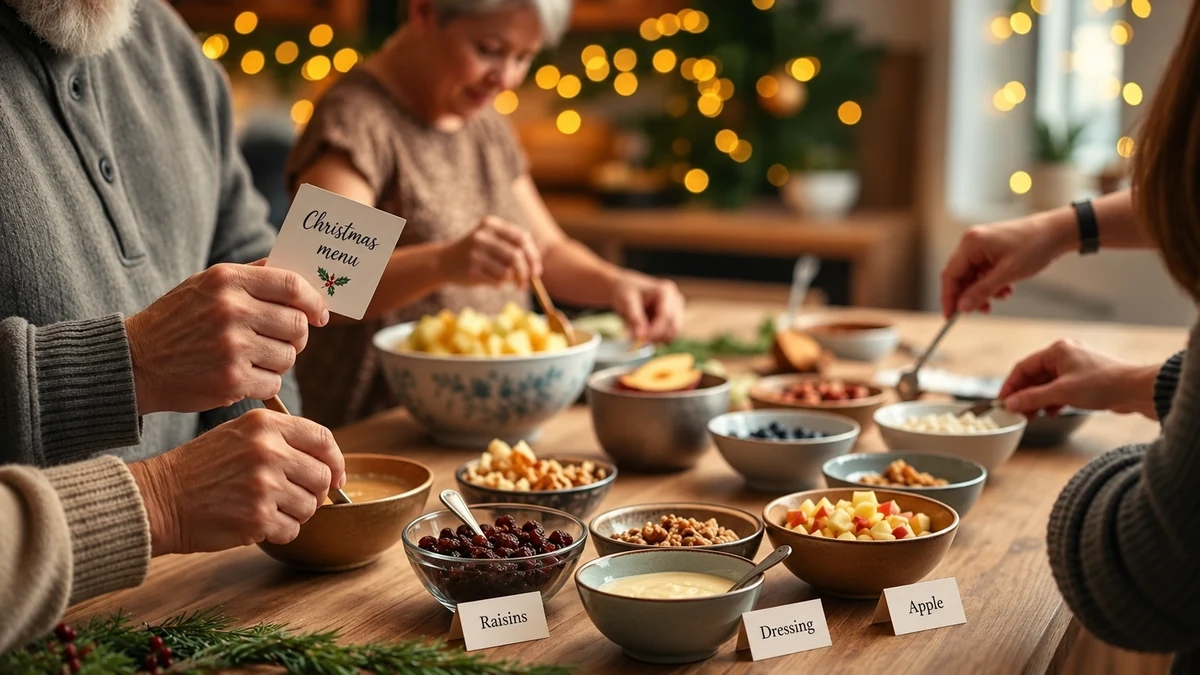 Family preparing Christmas food with labelled raisins apple and dressing