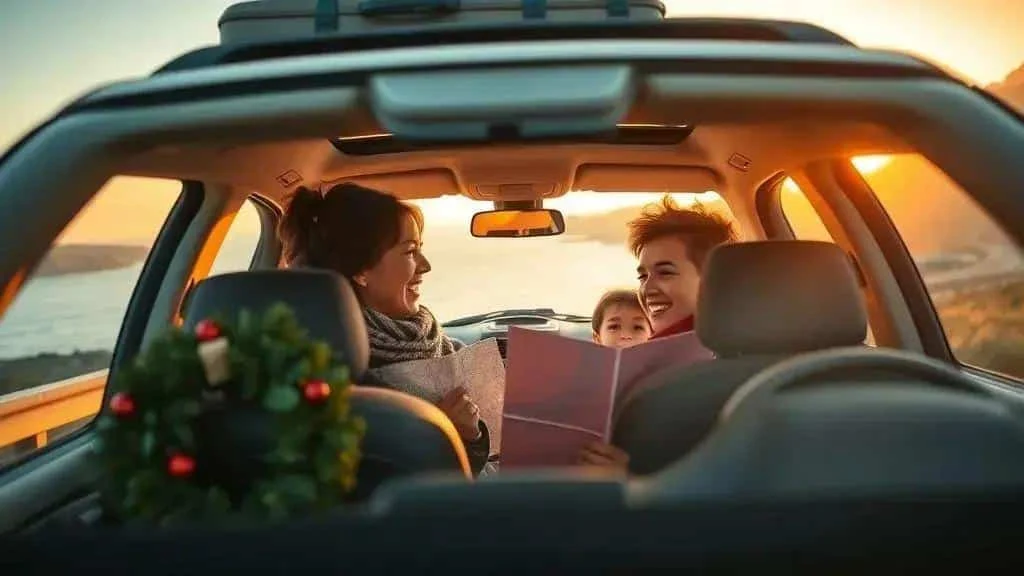 Family preparing for a Christmas journey in a parked car