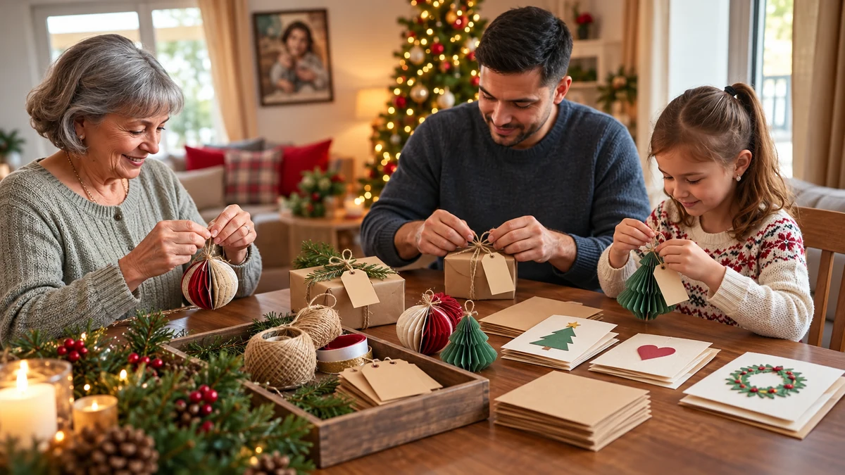 Family preparing simple Christmas gifts at a table