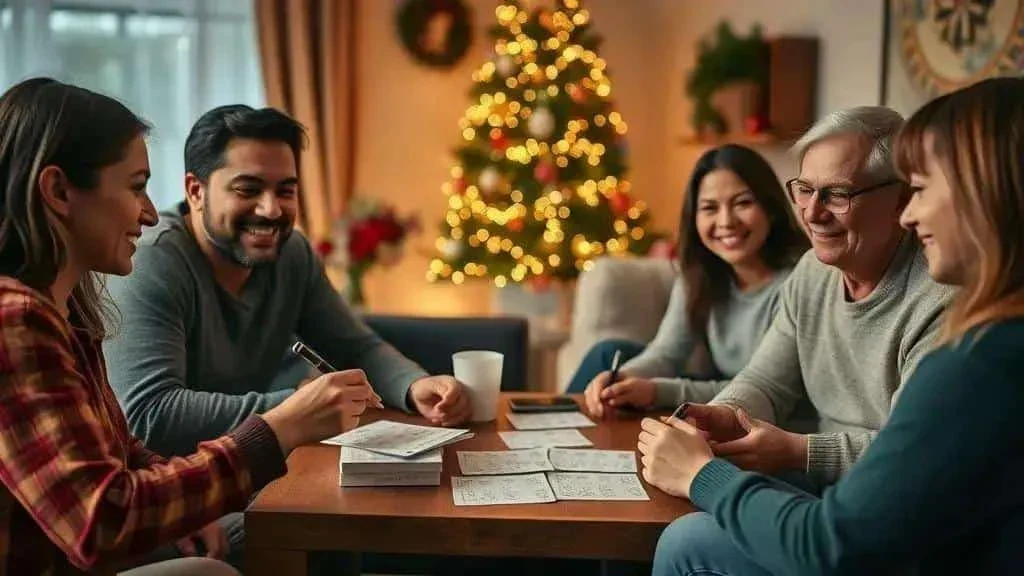Family quiz in a decorated living room