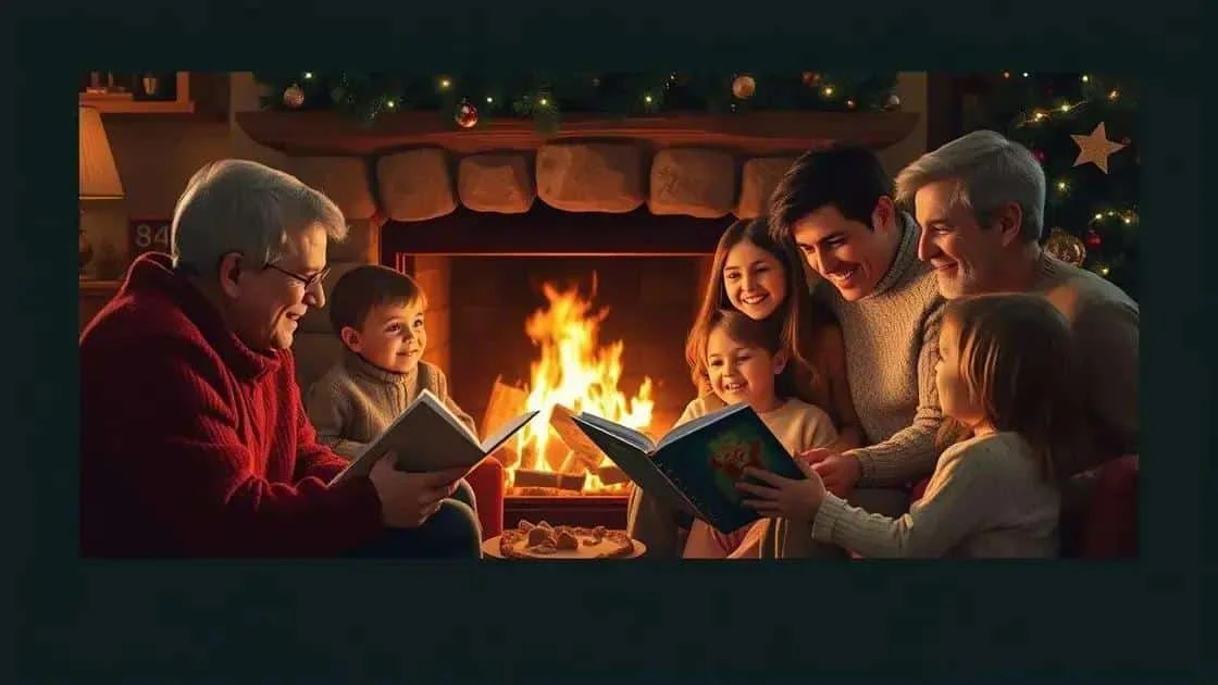 Family reading in a decorated living room