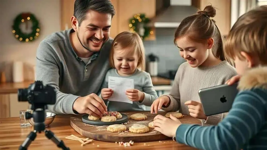 Family recording memories of Christmas baking