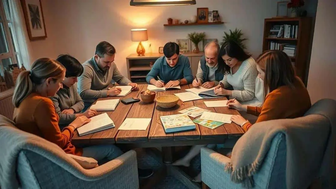 Family reflecting together with notebooks