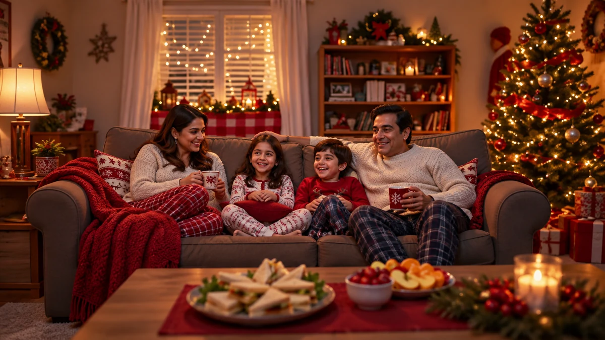 Family relaxing on a sofa with sandwiches and fruit on a nearby table