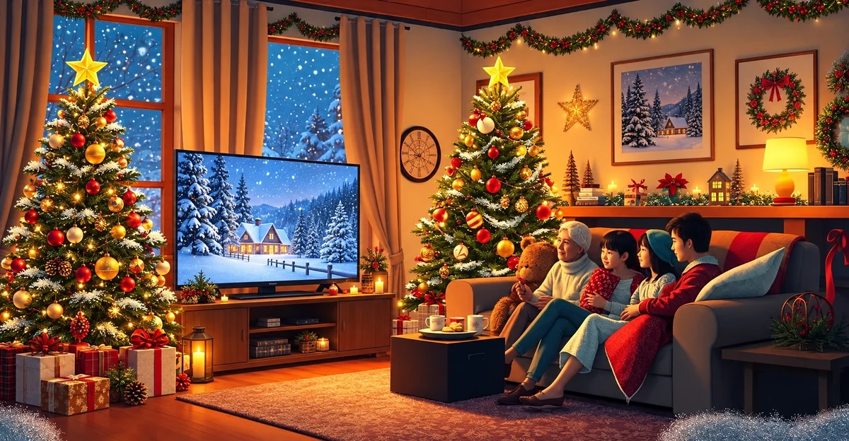 Family relaxing together in a decorated Christmas room