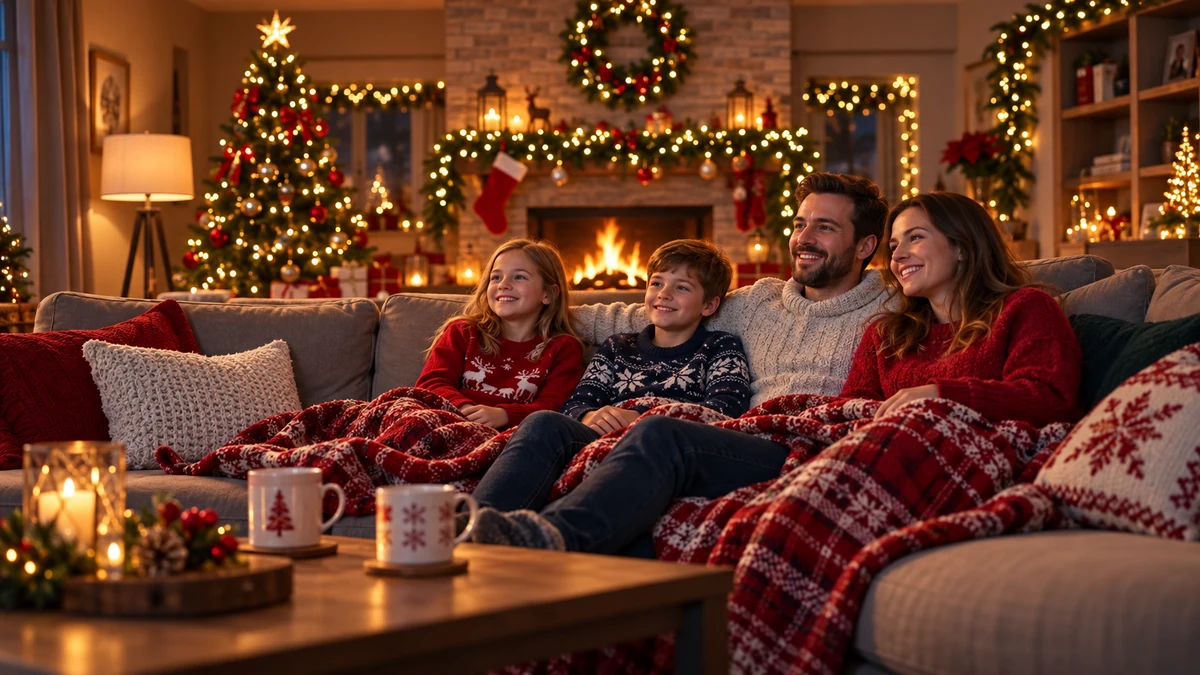 Family relaxing together on a Christmas sofa
