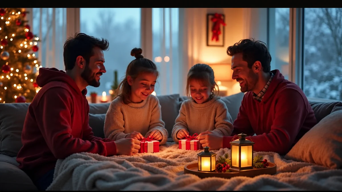 Family relaxing with battery lanterns on a tray