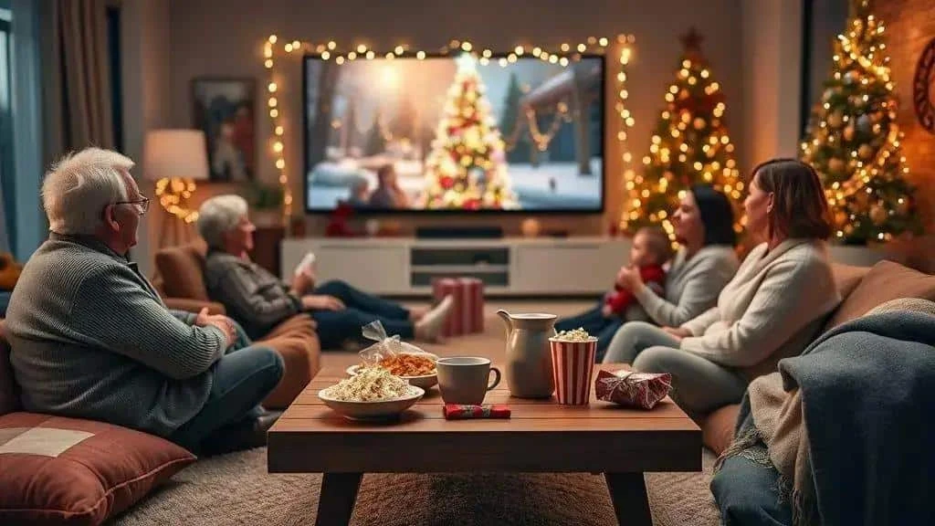 Family seated together for a Christmas film at home