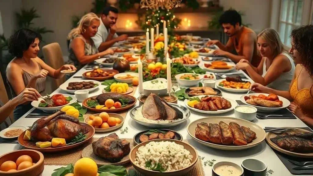Family sharing a Brazilian Christmas meal with regional dishes