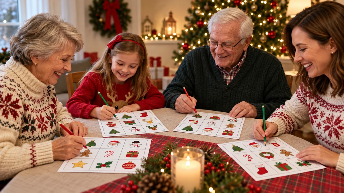 Family sharing a Christmas bingo evening