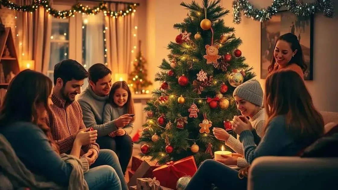 Family sharing a Christmas moment beside a tree Family sharing a Christmas moment beside a tree