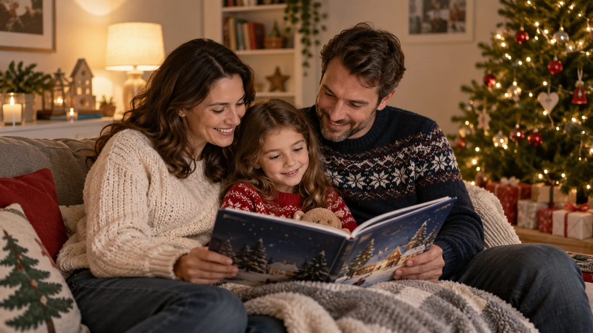 Family sharing a Christmas storybook