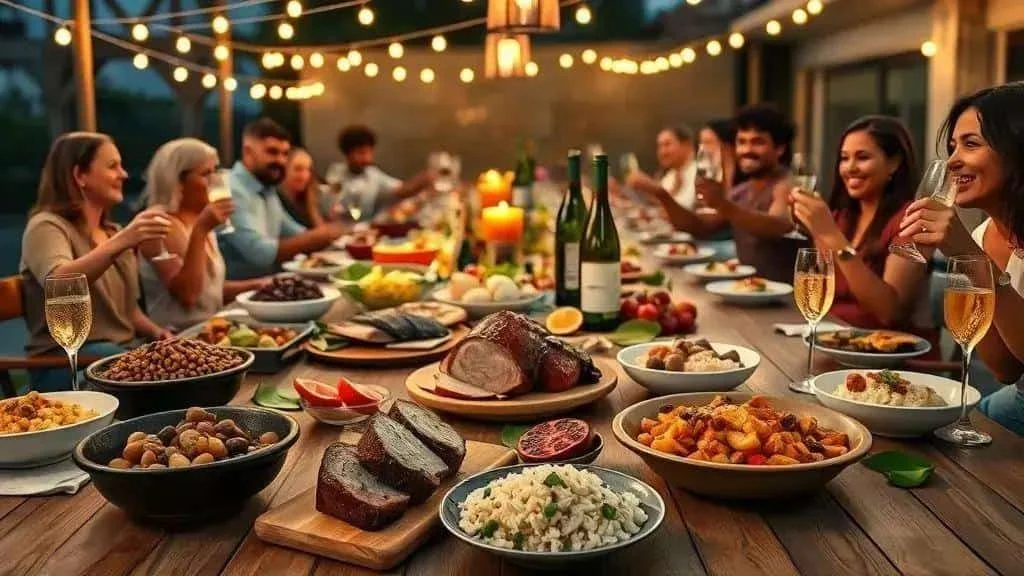 Family sharing a festive Brazilian meal