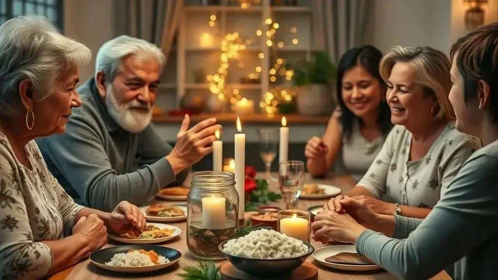 Family sharing a festive meal and conversation Family sharing a festive meal and conversation