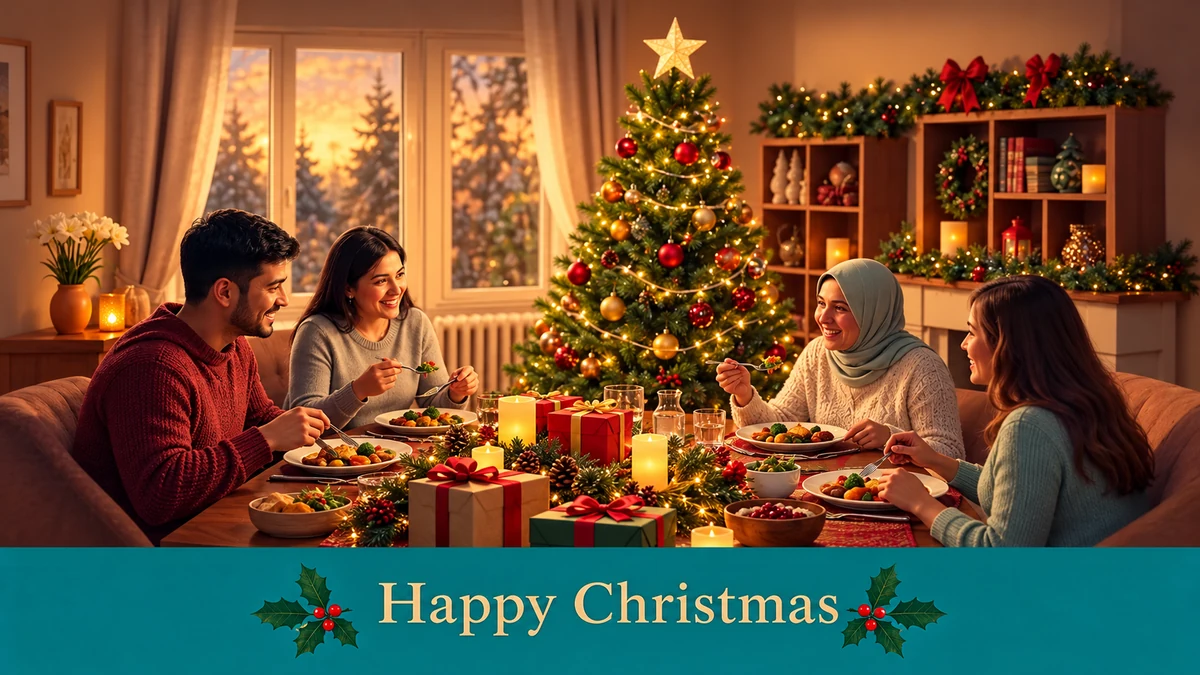Family sharing a meal beside a Christmas tree Family sharing a meal beside a Christmas tree