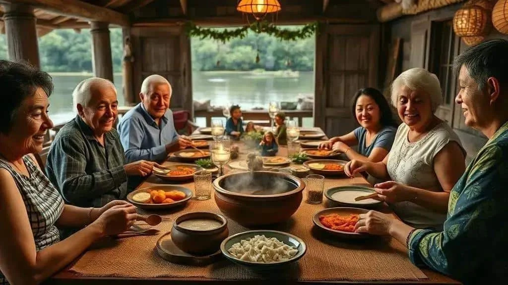 Family sharing a meal in a riverside home