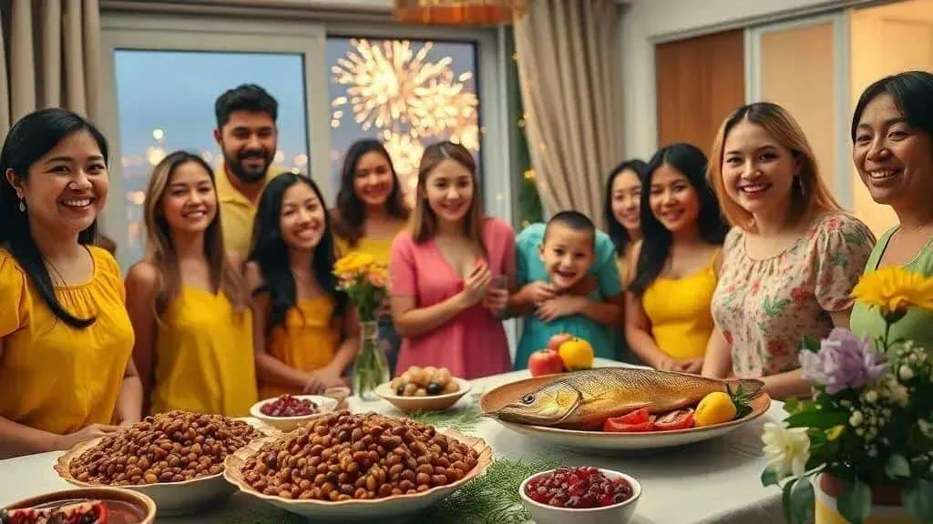 Family sharing a New Year buffet with lentils and fish