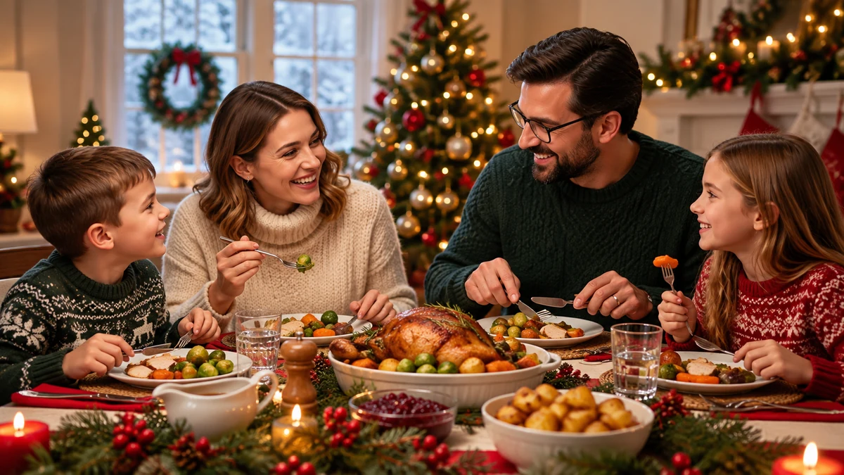 Family sharing a simple Christmas meal together
