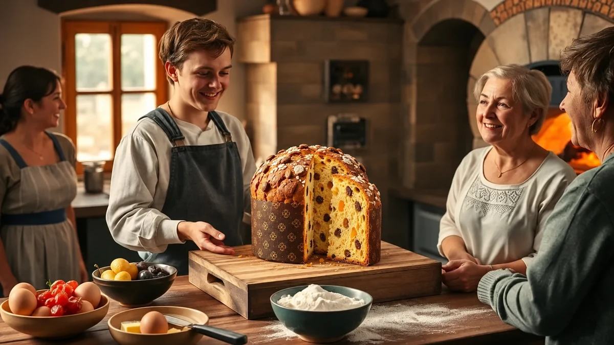Family sharing a tall traditional panettone