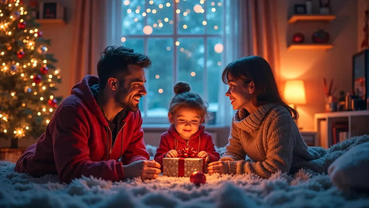 Family sharing a wrapped gift at home